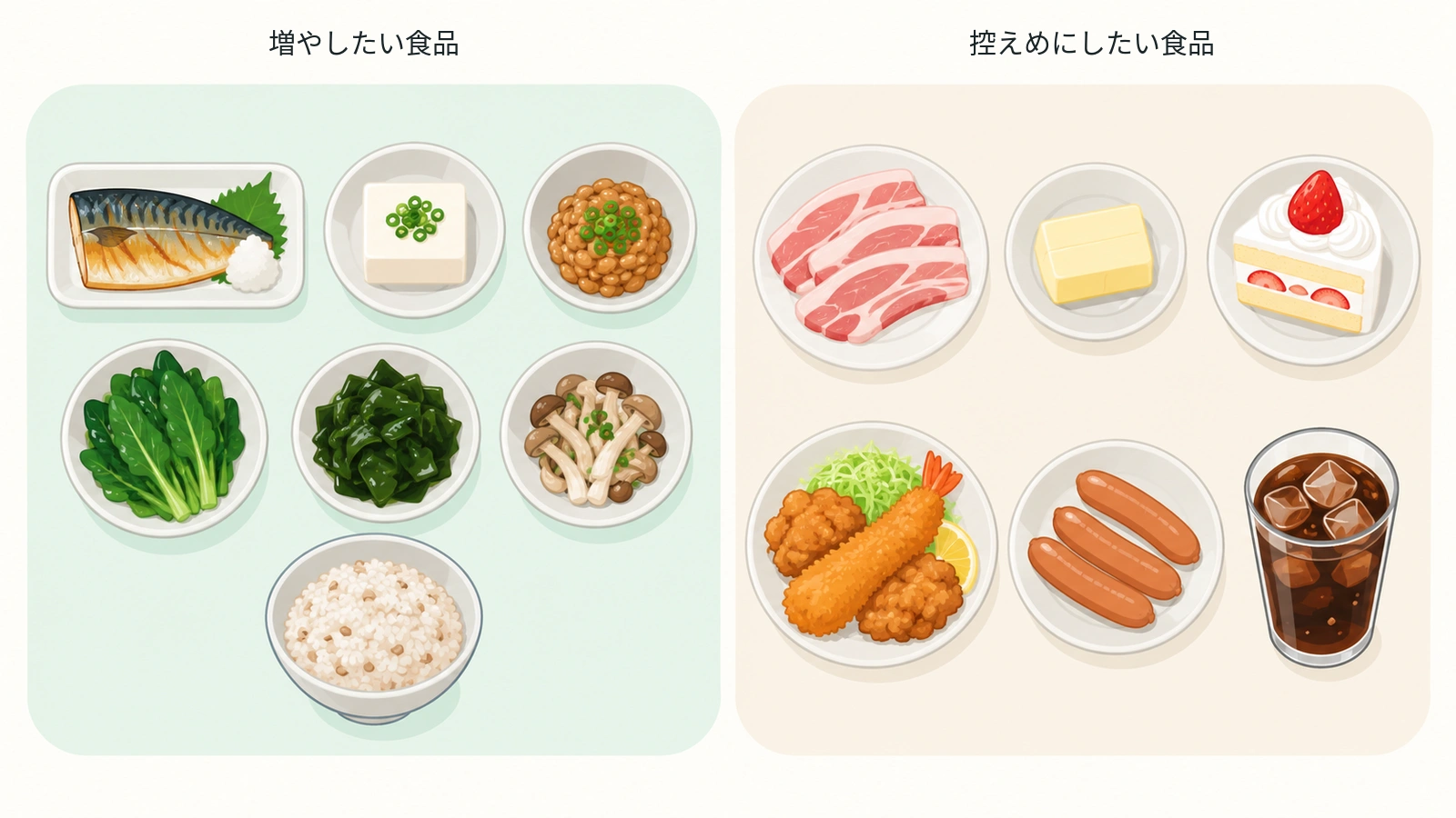 脂質異常症で増やしたい食品（魚・大豆製品・野菜・海藻など）と、控えめにしたい食品（脂身・バター・洋菓子・揚げ物など）を並べた図