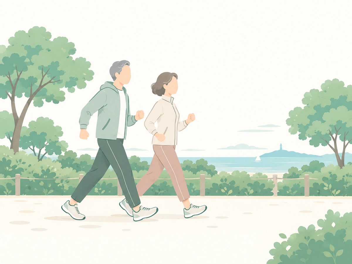 並木道を早歩きする男女のイラスト