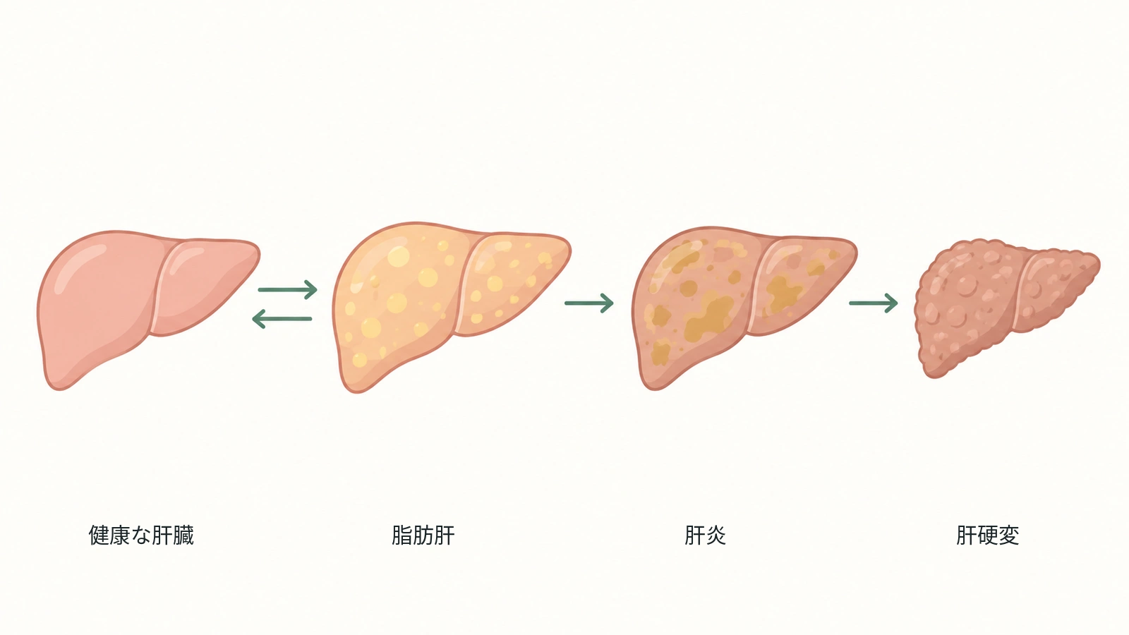 健康な肝臓から、脂肪肝、肝炎、肝硬変へと進む様子を示した図