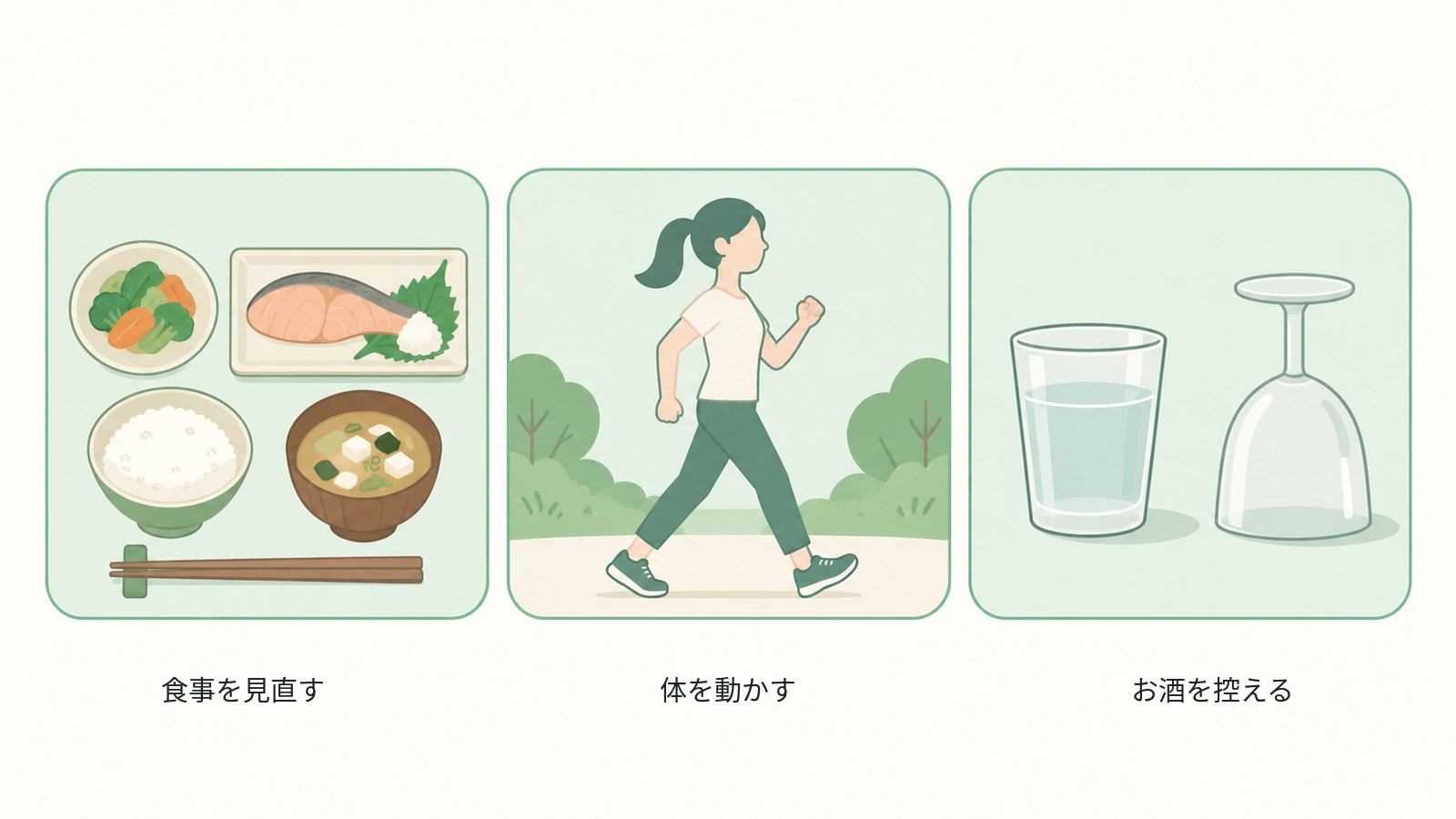 食事の見直し、適度な運動、お酒を控えることを表した3つのイラスト